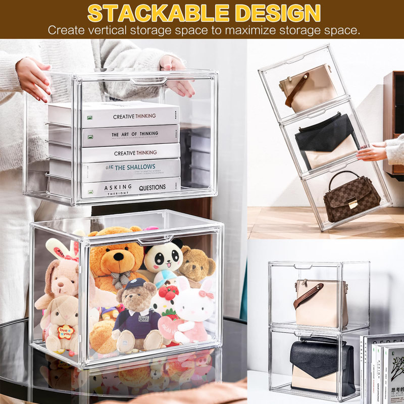Rebrilliant Handbag Storage Organizer For Closet Acrylic Display Case For Purse And Handbag Stackable Storage Organizer With Magnetic Door For Wallet Book Cosmetic Toys Display 4 Packs Wayfair